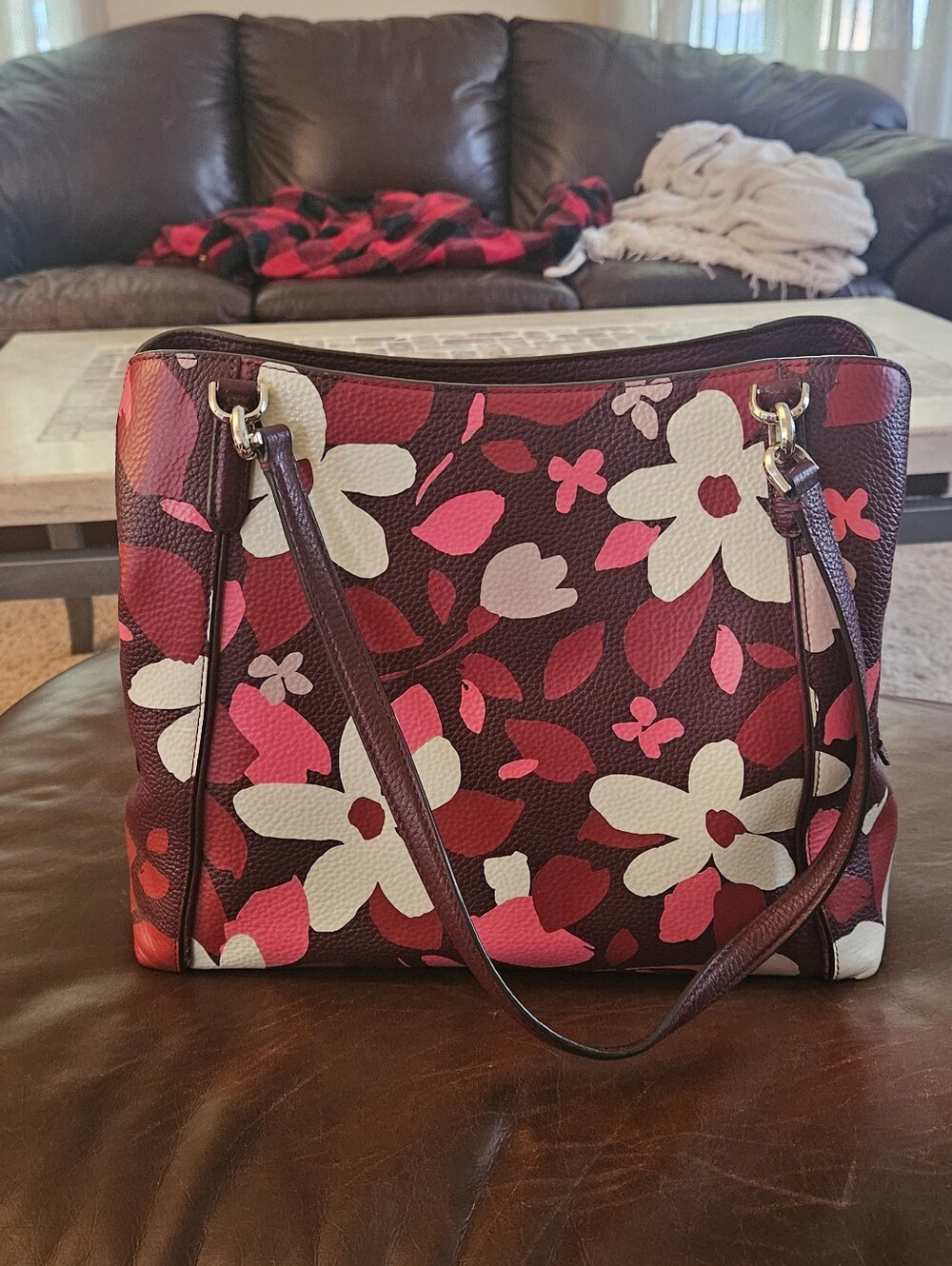 kate spade Burgundy Floral Leather Shoulder Bag with Pink & White Accents - Picture 5 of 8
